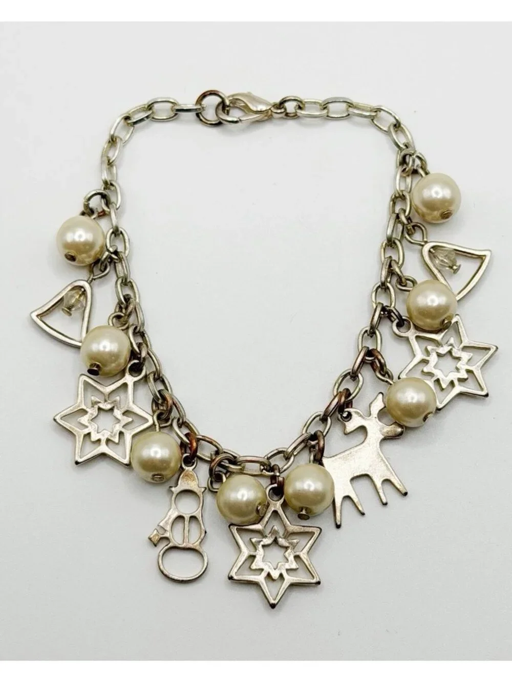 Snowflake,‎ Snowman, Reindeer Faux Pearl Silvertone Bracelet 7”